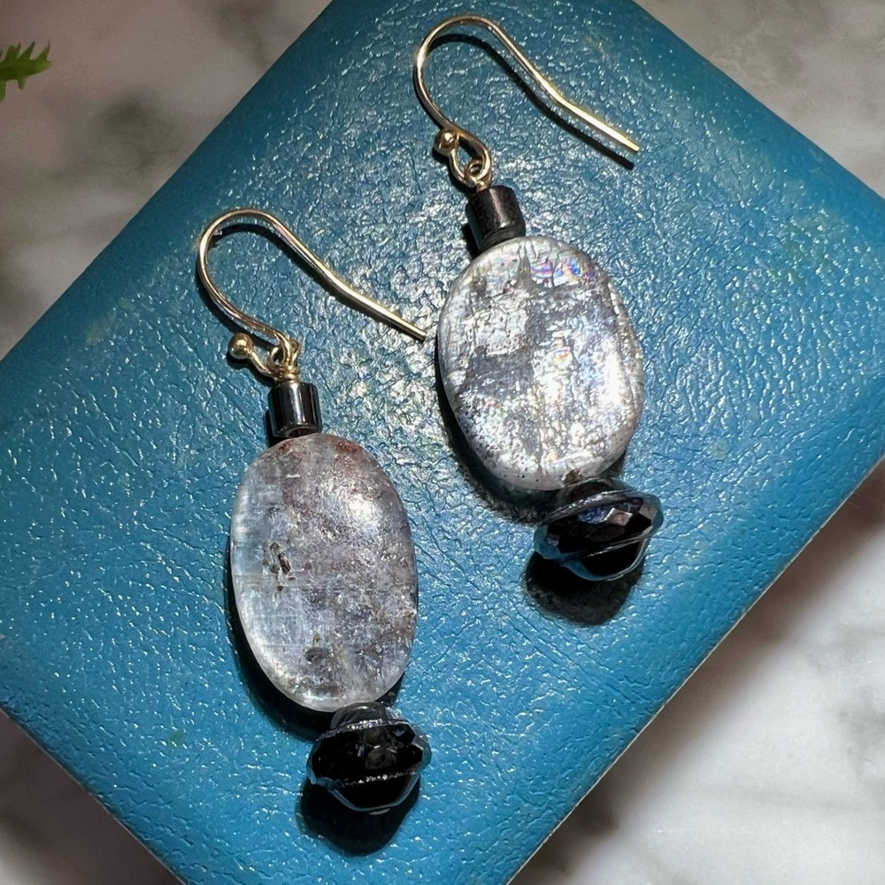Vintage Kyanite & Hematite Beaded Earrings. Handmade Uniquely cut 14K GF
